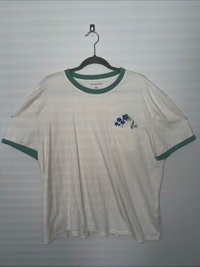 Primark Cream Short-Sleeve Tee with Green Trim and Blue Floral Pocket